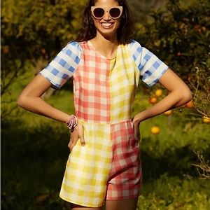 Farm Rio Gingham Contrast Romper Cutouts Open Back Tie Bead Anthropologie M NWT